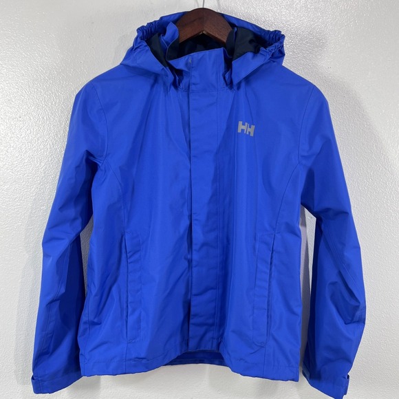 Helly Hansen Blue Waterproof Hooded Rain Jacket Youth 164/14 Outdoor Shell - Picture 1 of 8